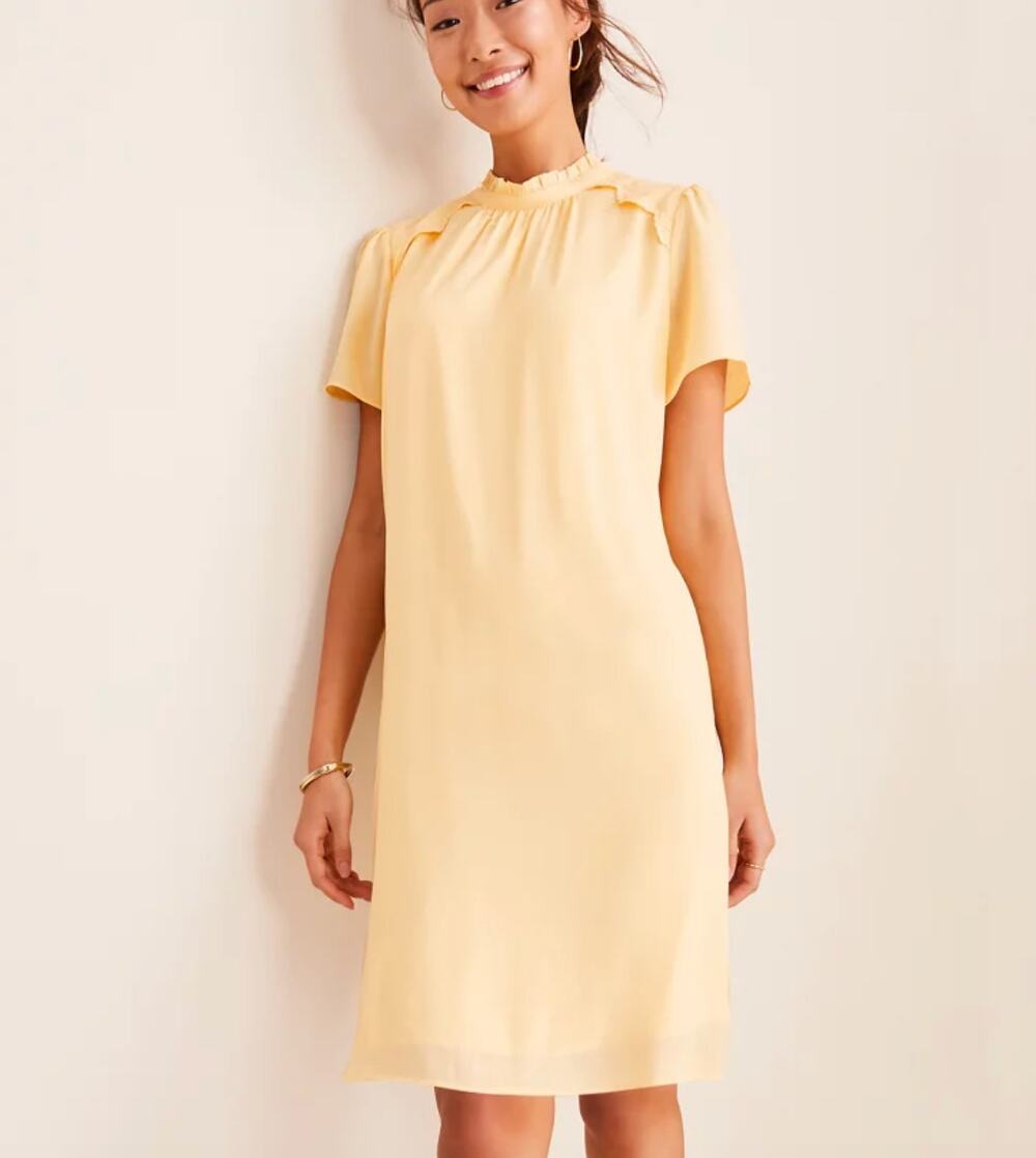 NWT Ann Taylor Butter Yellow Ruffle High Neck Shift Fit Mini Dress Size Medium